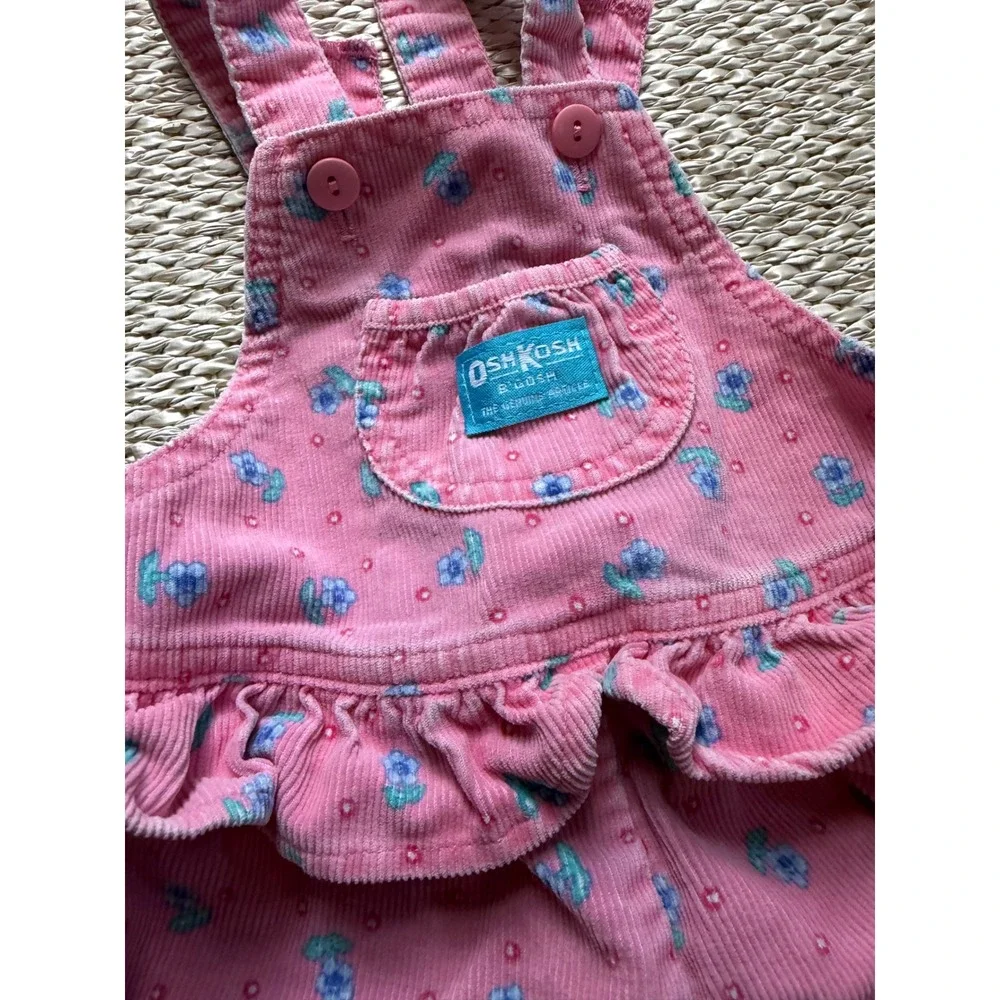 Vintage OshKosh Bgosh Pink Corduroy Floral Ruffle Overalls Girls 4T Cottagecore
